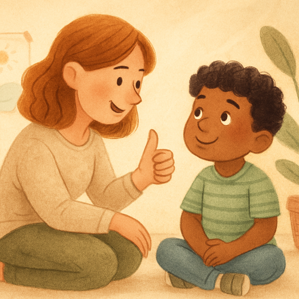 Therapist smiling and giving verbal praise to a child after they complete a task independently during a positive behavior therapy session.