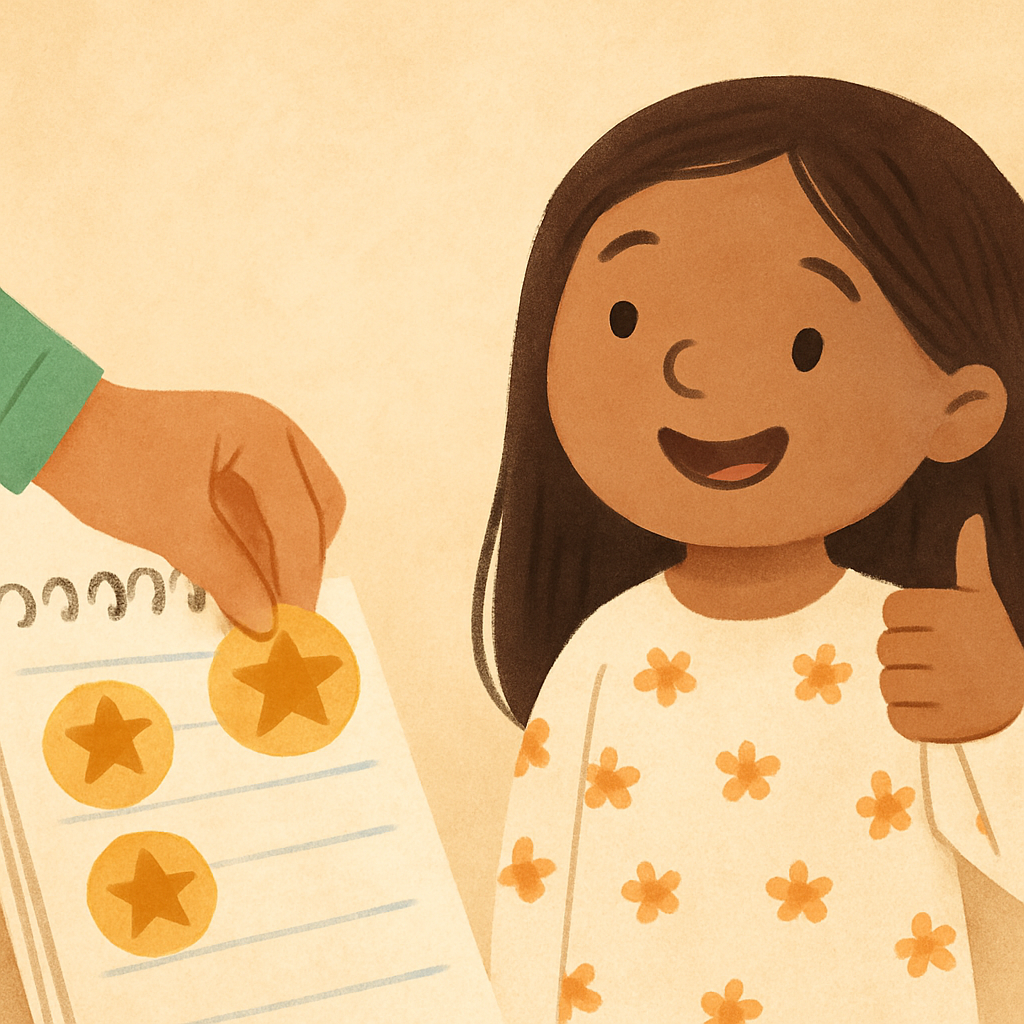 Classroom-based positive behavior therapy session using reward stickers and progress charts.