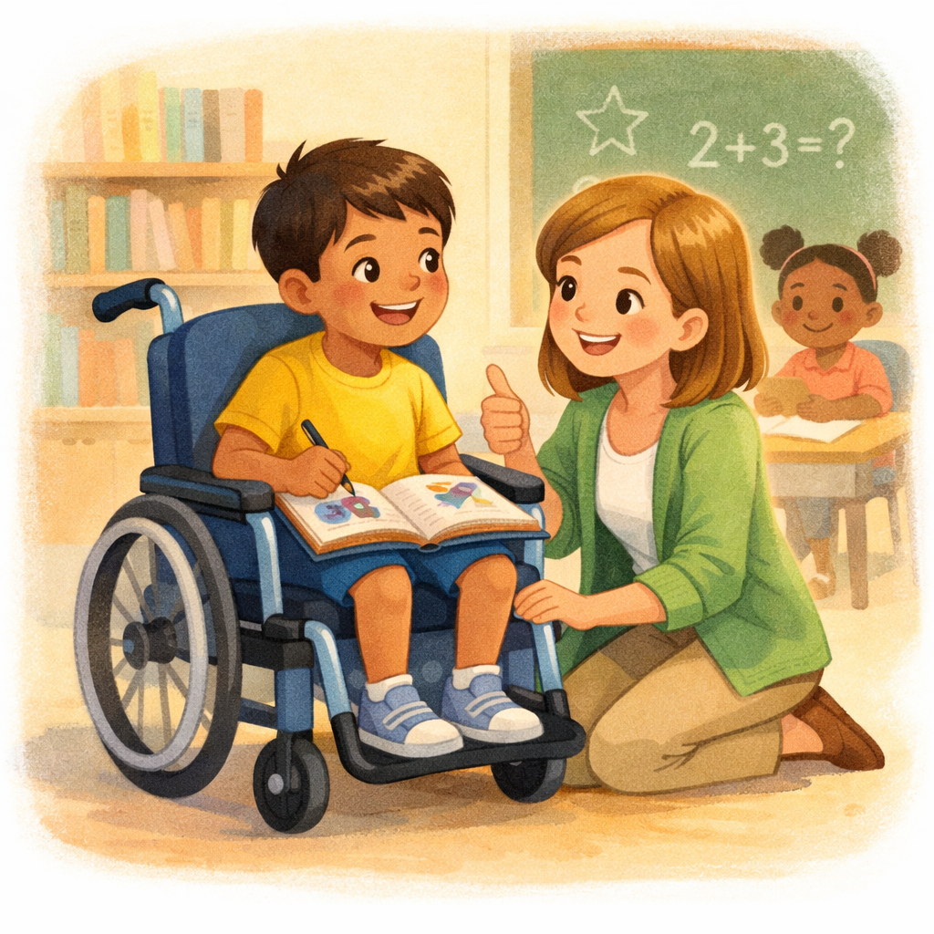 Student in a wheelchair participating in a classroom discussion with supportive classmates.