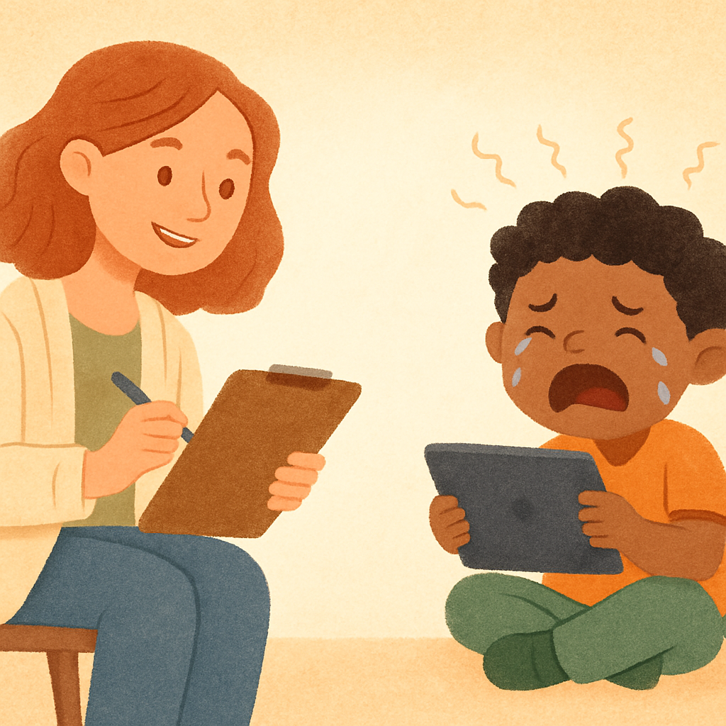 A therapist gently talking with an upset child after screen time ends in a counseling room.