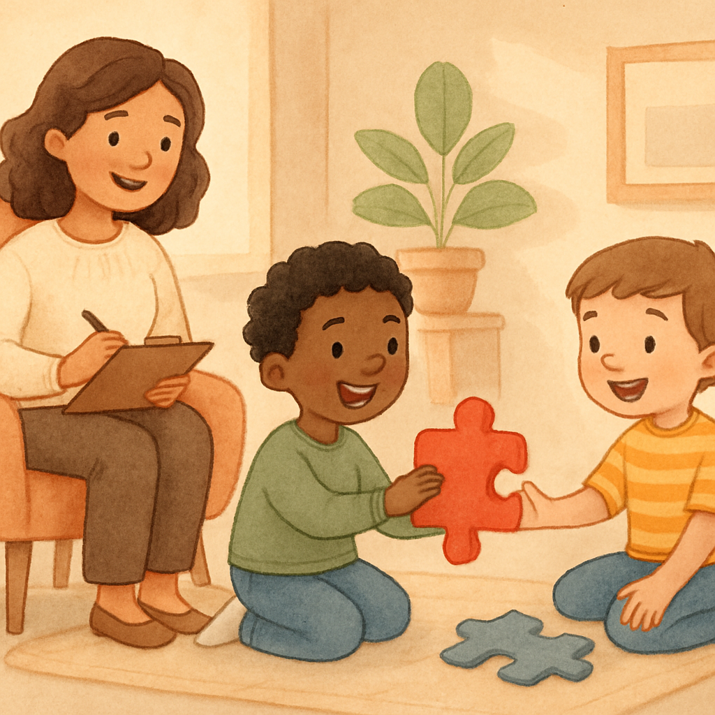 Clients practicing teamwork during a supervised social skills activity.