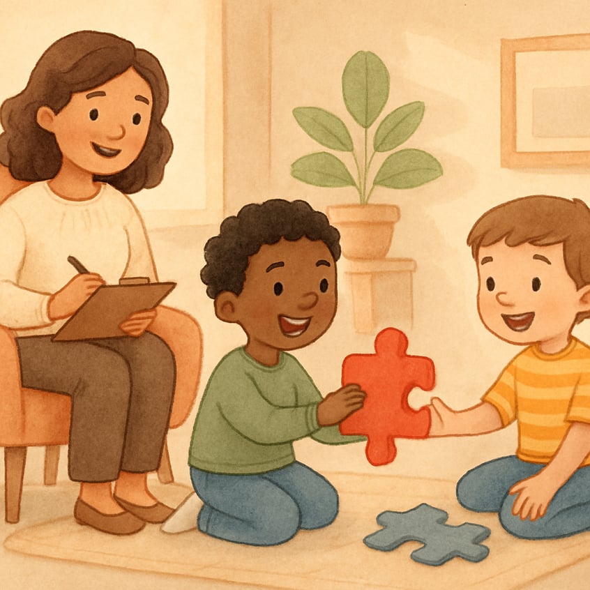 Create 3 separate photos of childrens illustrations in a 12 aspect ratio related to the topic Socialised Behaviour Therapy Use soft natural colours ge-1-1