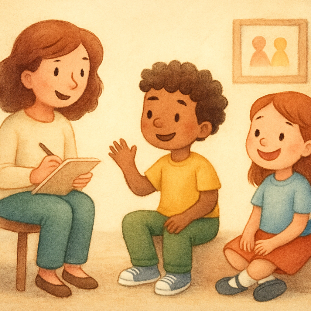 Behavior therapist supporting a child during a social skills group session.