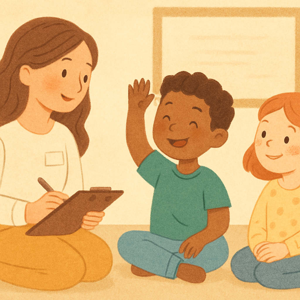 Therapist providing feedback to a group after a social skills practice activity.