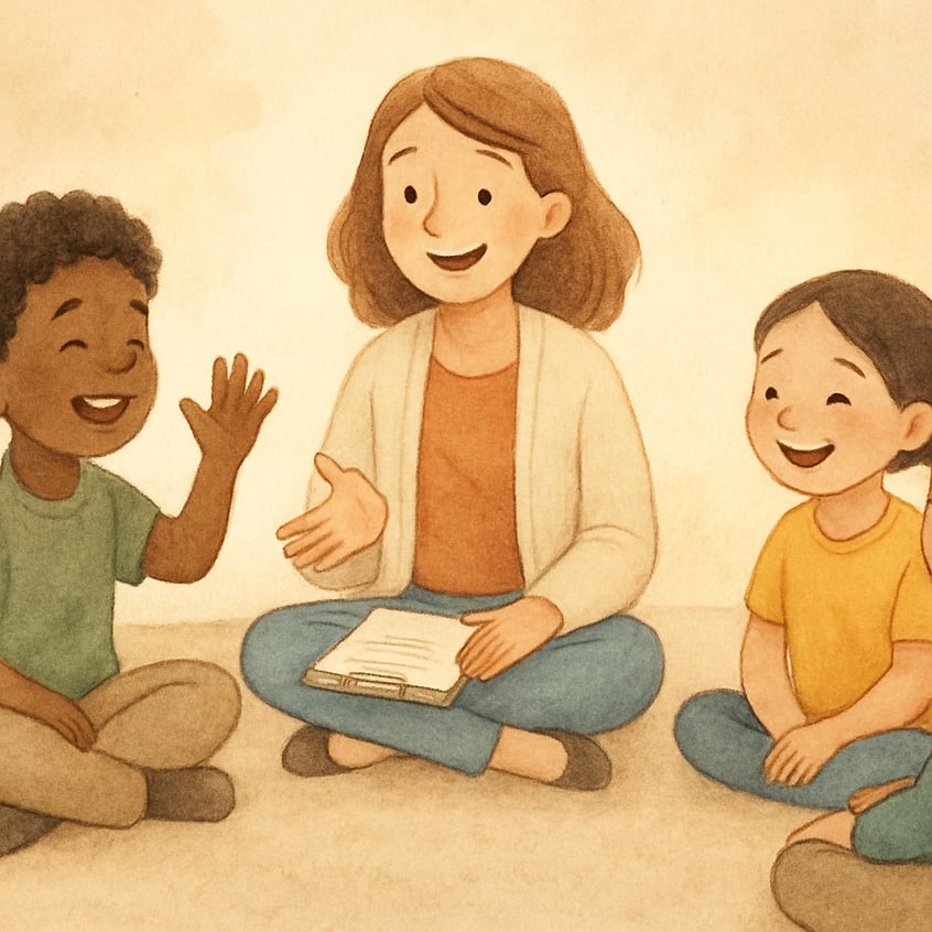 Therapist guiding a small group through a role-playing exercise to practice positive social interactions.