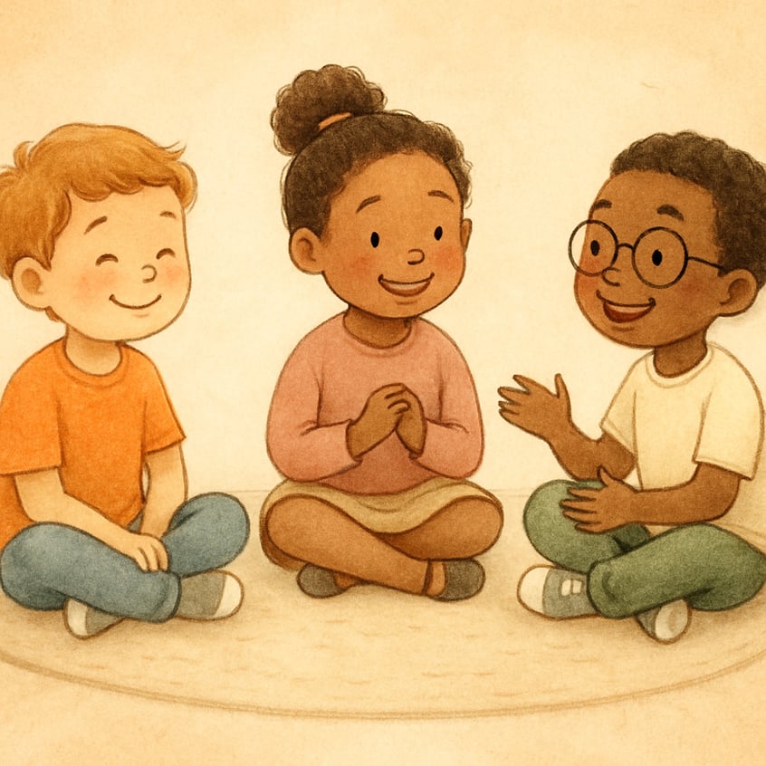 Children role-playing friendly greetings while a therapist offers gentle encouragement.