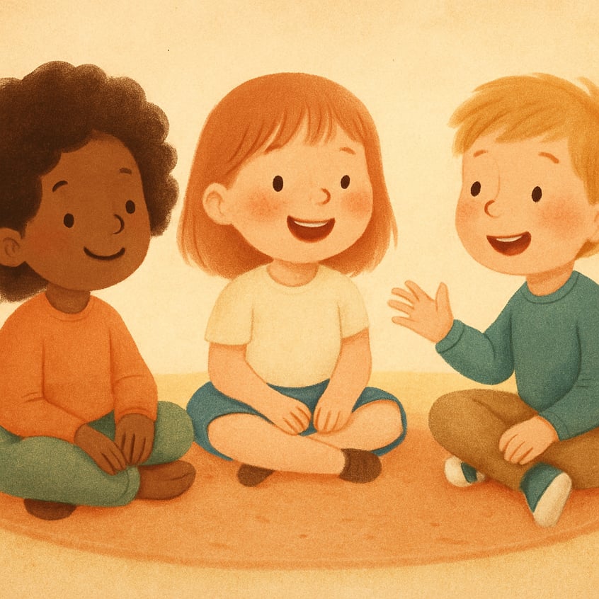 Children role-playing friendly greetings while a therapist offers gentle encouragement.