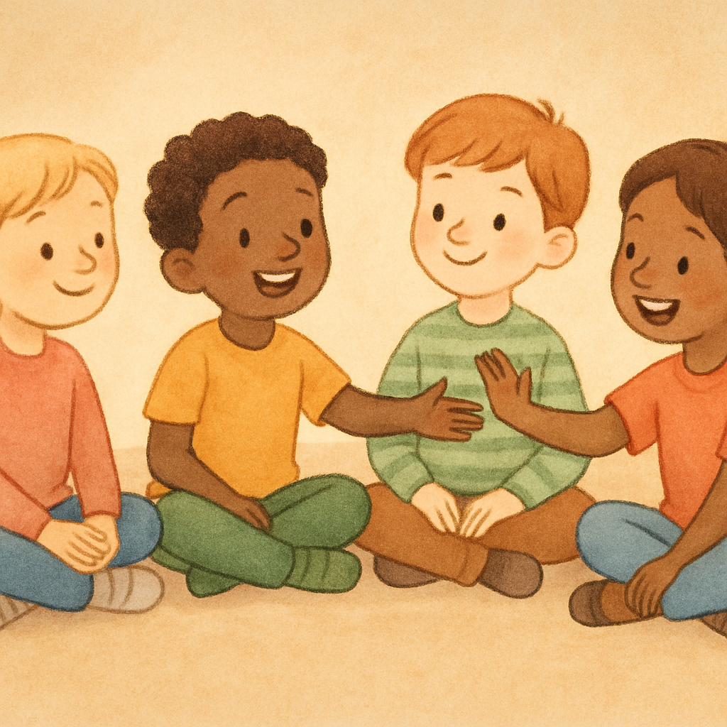 A small group of children participating in a supervised play session focused on sharing and turn-taking.