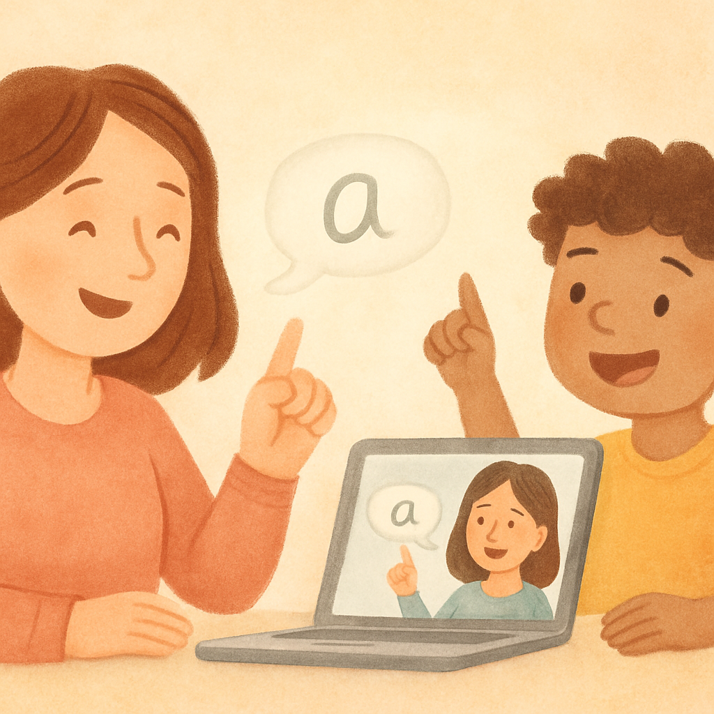 Parent supporting a child during an online speech therapy session at home.