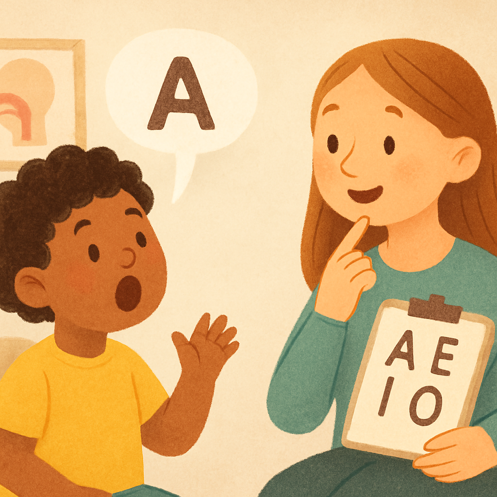 Speech-language pathologist demonstrating correct mouth movements.