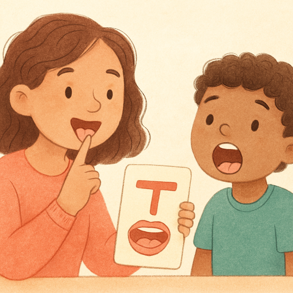 Young child practicing tongue movements with guidance from a speech-language pathologist.