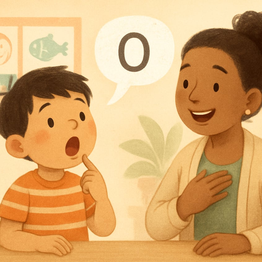 A speech pathologist modeling mouth movements for clear speech.