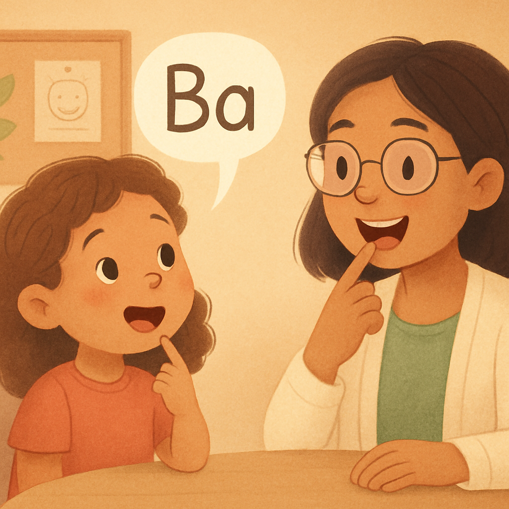 Child engaged in a playful speech therapy activity at a child-friendly table.