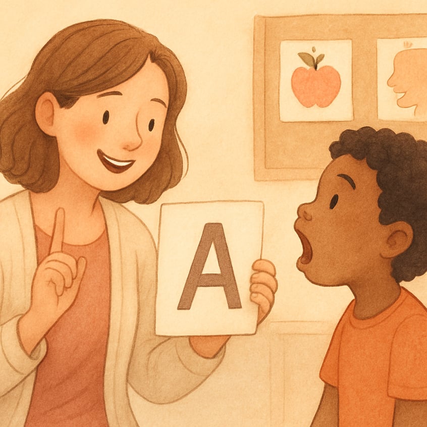 Speech-language pathologist assisting a young child with communication skills using visual aids