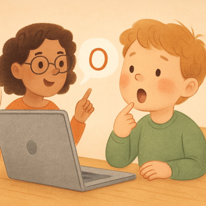 Parent supporting a child during an online speech therapy session at home.