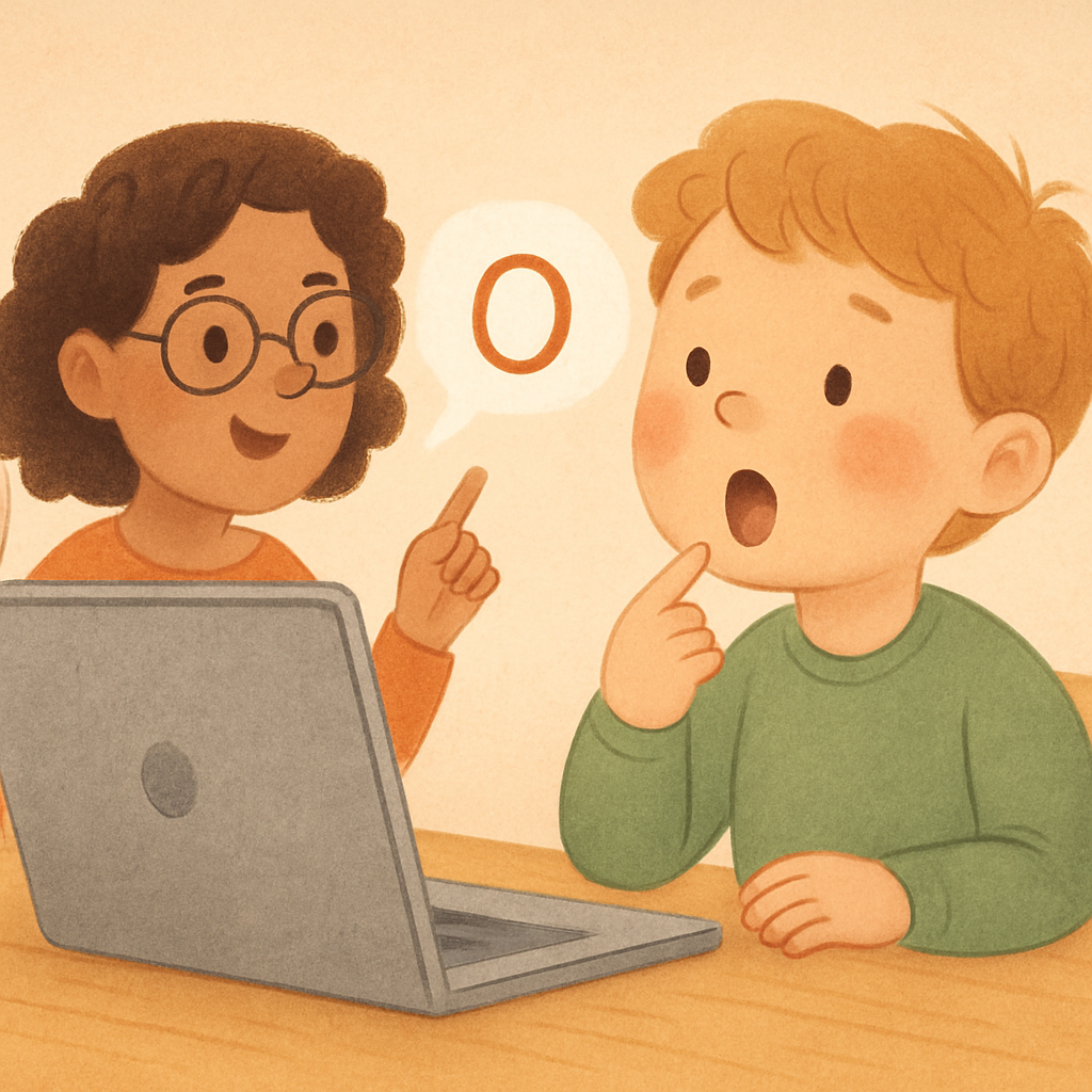 Parent supporting a child during an online speech therapy session at home.