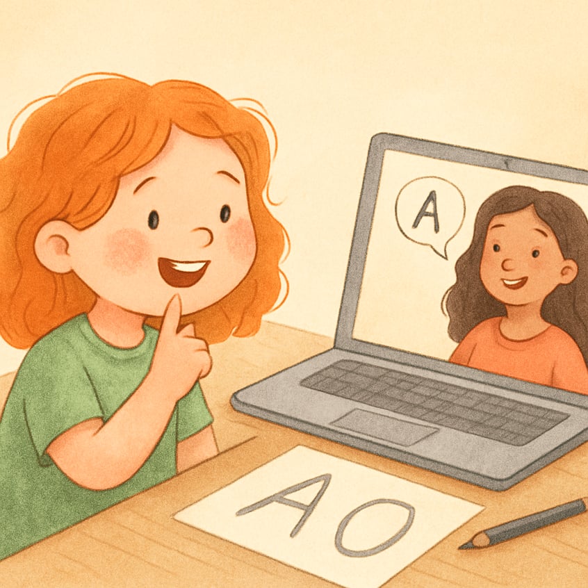 Speech therapist using visual aids on screen during a telehealth session with a child.