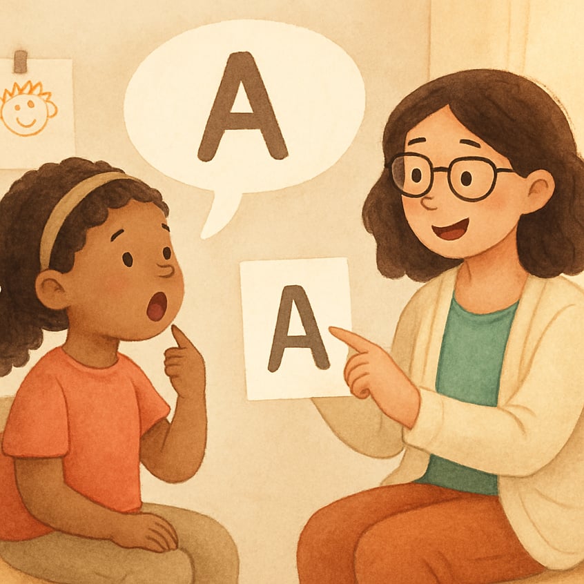 Speech therapist guiding a child through pronunciation practice using visual aids.