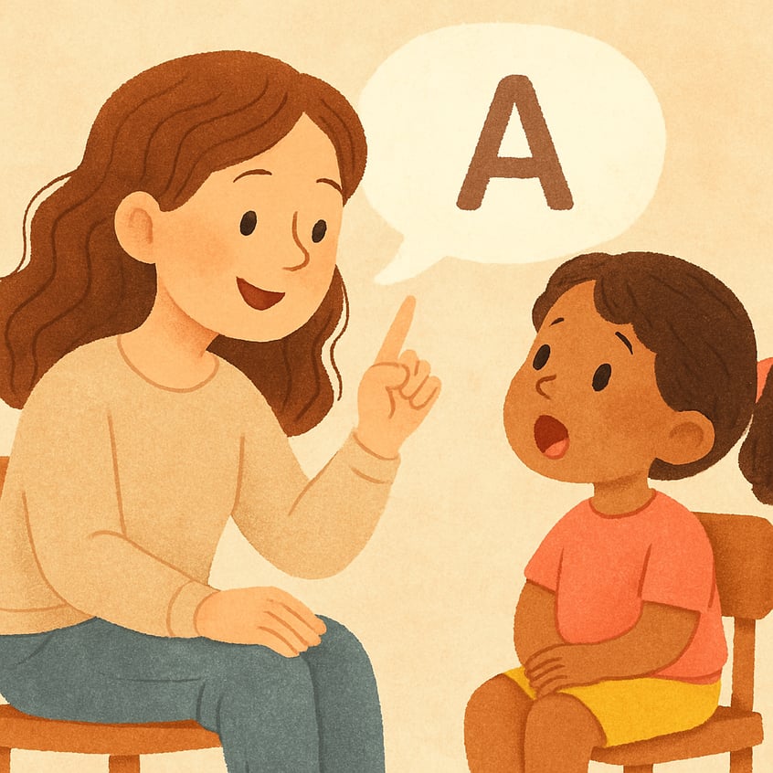 Young child using a tablet app during a speech therapy session with a therapist.