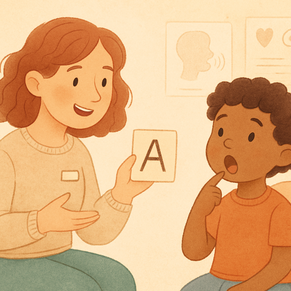 Speech therapist and child celebrating progress after completing a speech activity.