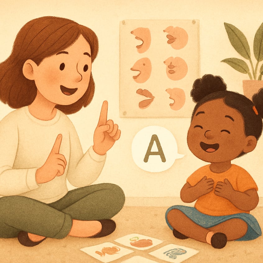 Child smiling during a speech therapy activity with a supportive therapist.