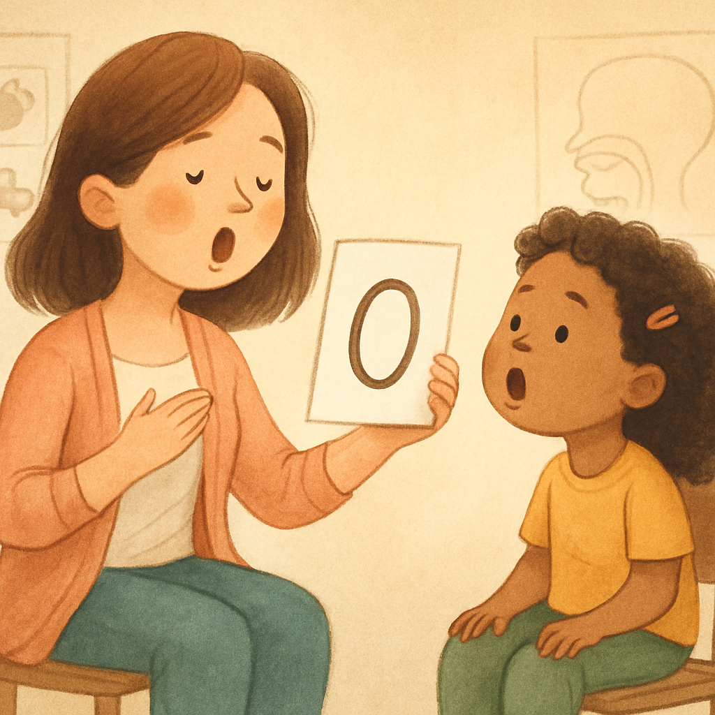 Speech therapist guiding a child through articulation practice with visual aids.