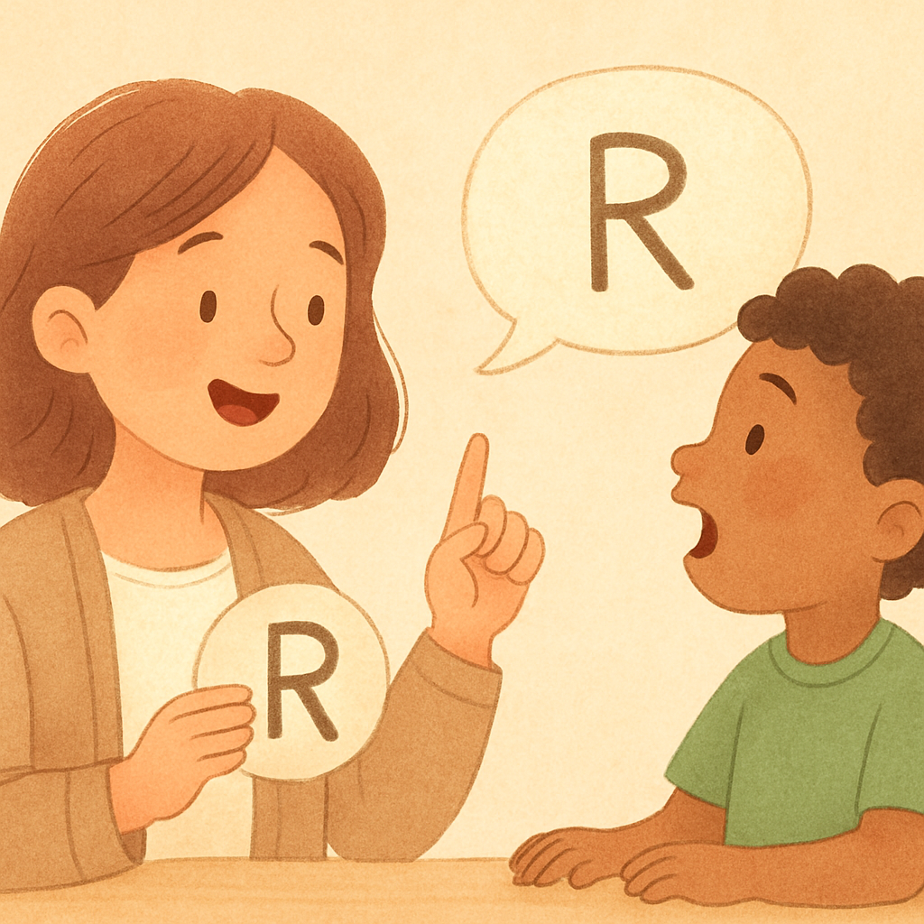 Therapist and child sitting at a table practicing speech sounds with illustrated cards.