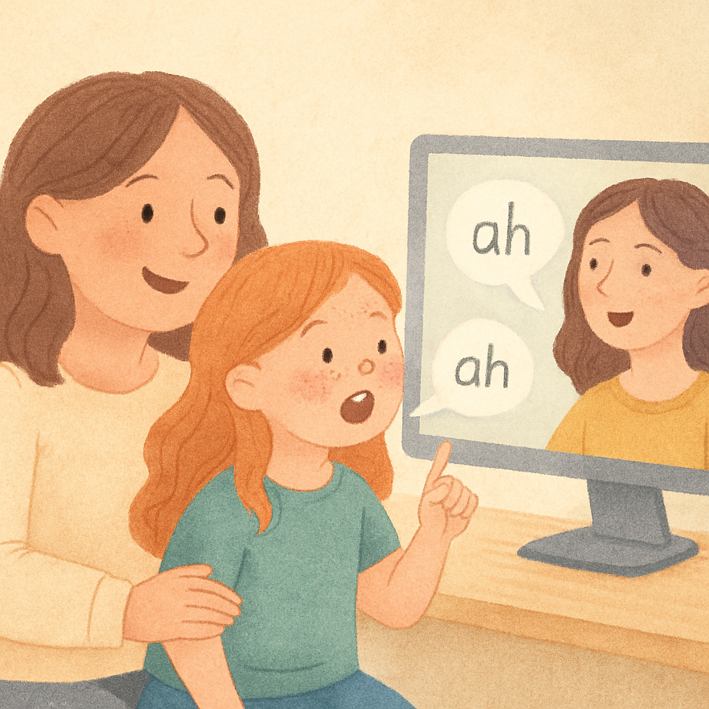 Parent assisting a child during an online speech therapy appointment on a tablet.