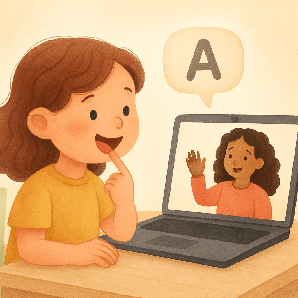 Child sitting at a desk at home, speaking into a laptop during an online speech therapy session.