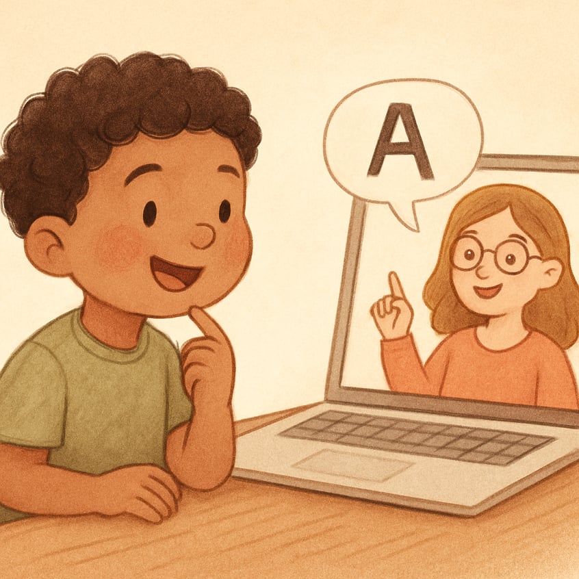 Speech-language pathologist demonstrating articulation exercises during a telehealth video call.