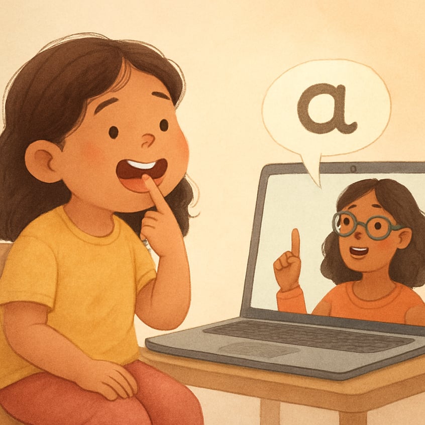 Speech therapist conducting an online session with a child via video call on a laptop.