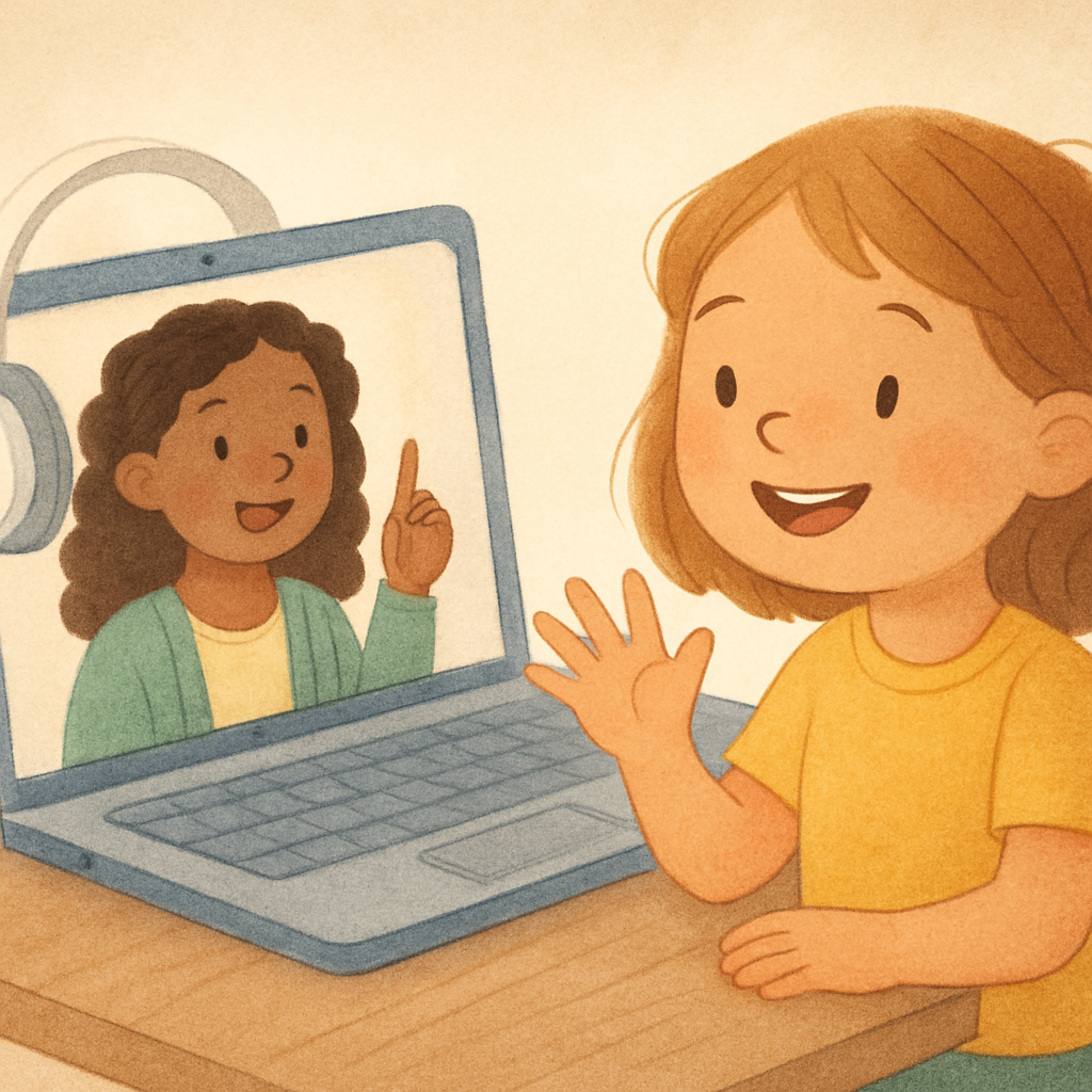 Child smiling and engaging in a speech therapy telehealth session from home.