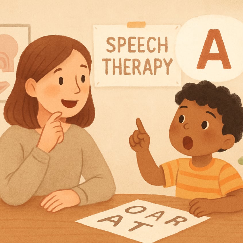 Therapist using picture cards to support speech and language development.