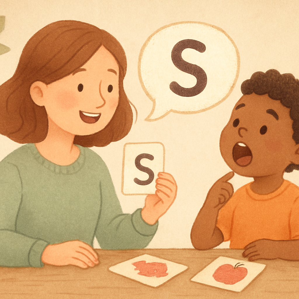 Speech-language pathologist assisting a young child with communication skills using visual aids.