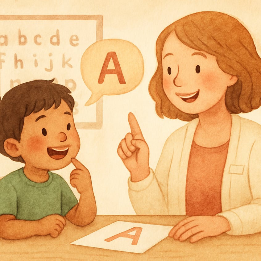 Child and therapist sitting at a table practicing sounds using flashcards.