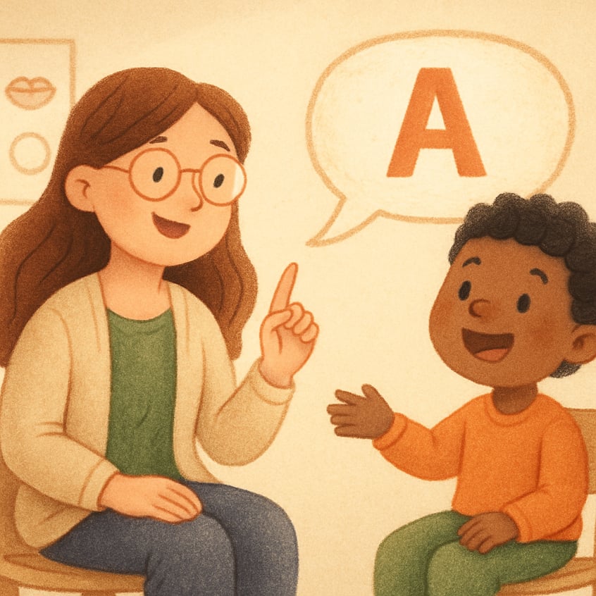 Child smiling while completing a speech therapy activity with a therapist.