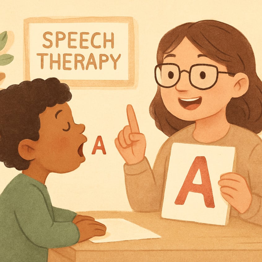 Speech-language pathologist working one-on-one with a child using picture-based speech exercises.