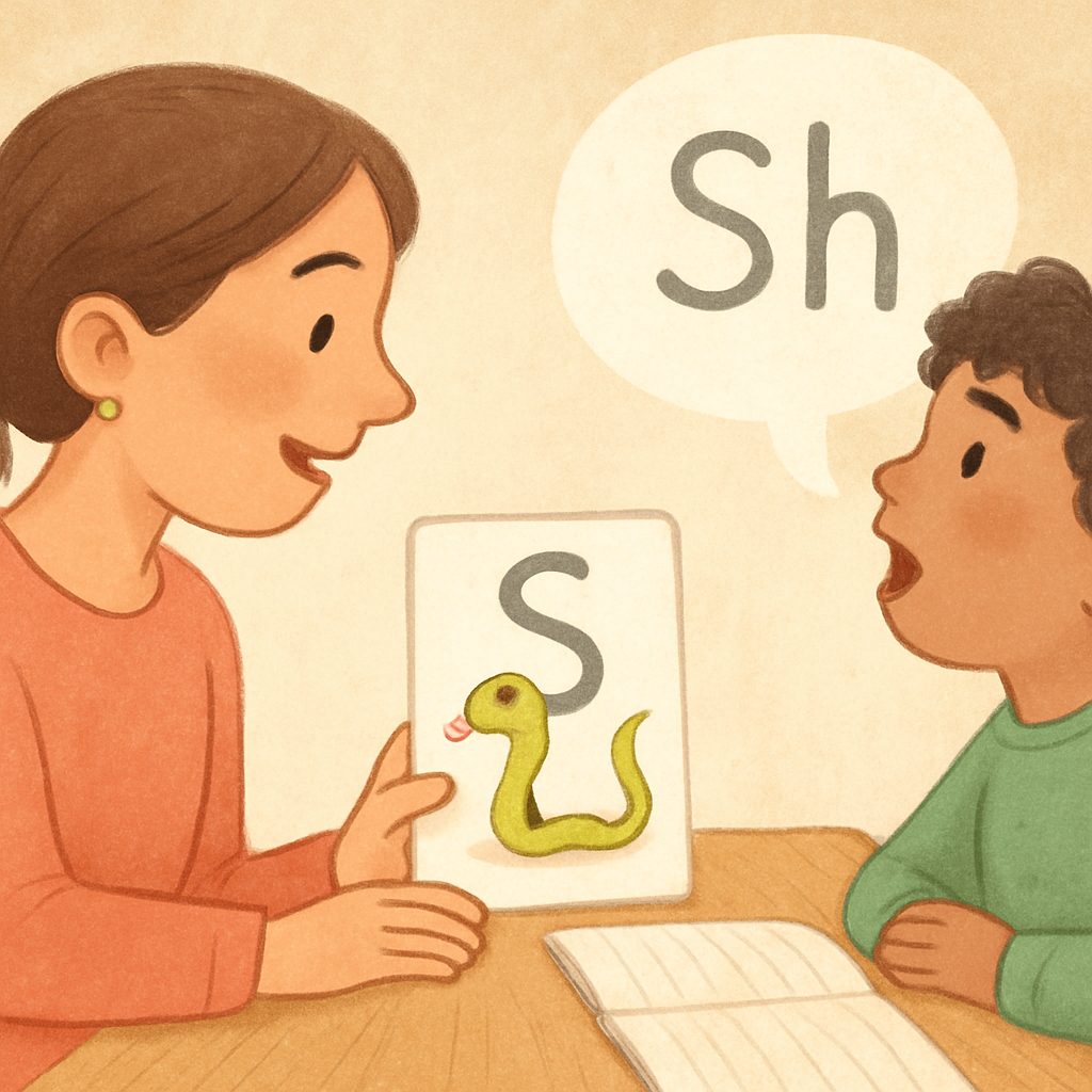 A child practicing articulation sounds while a speech therapist gives gentle guidance.