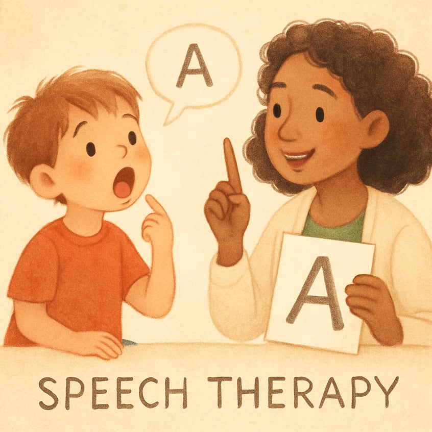 A child practicing speech exercises with guidance from a speech therapist.