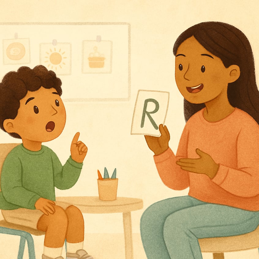 Speech therapist working with a child to practice speech sounds.