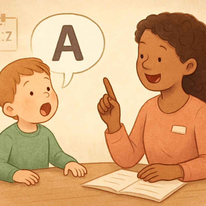 Pediatric speech therapy session focused on language development in a friendly clinic setting.