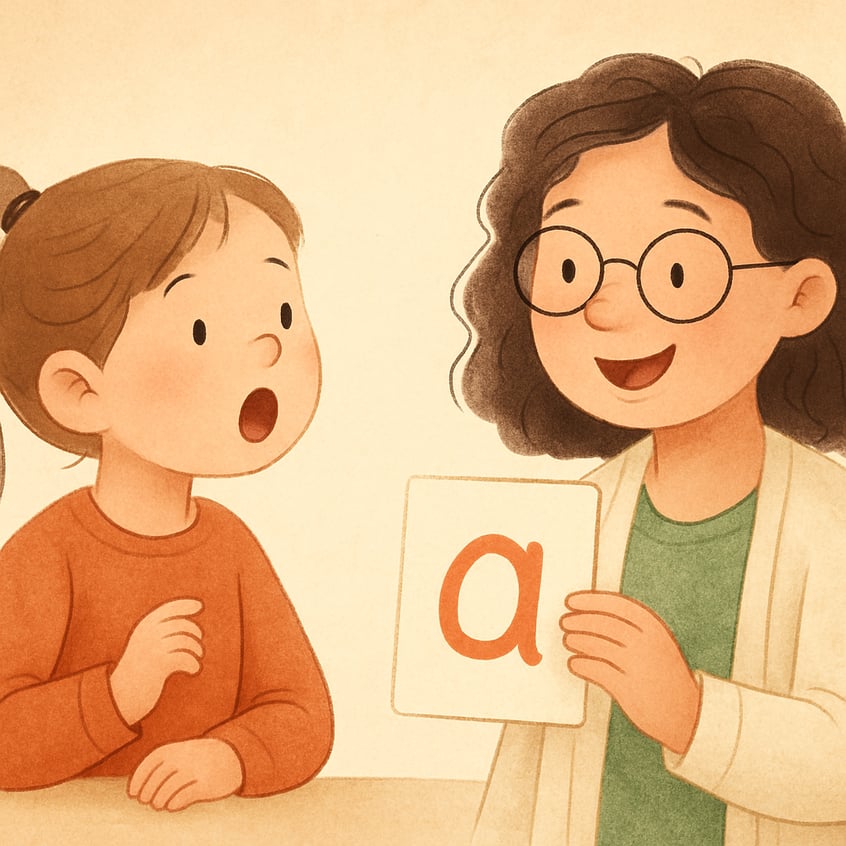 Child using flashcards during a speech therapy session.