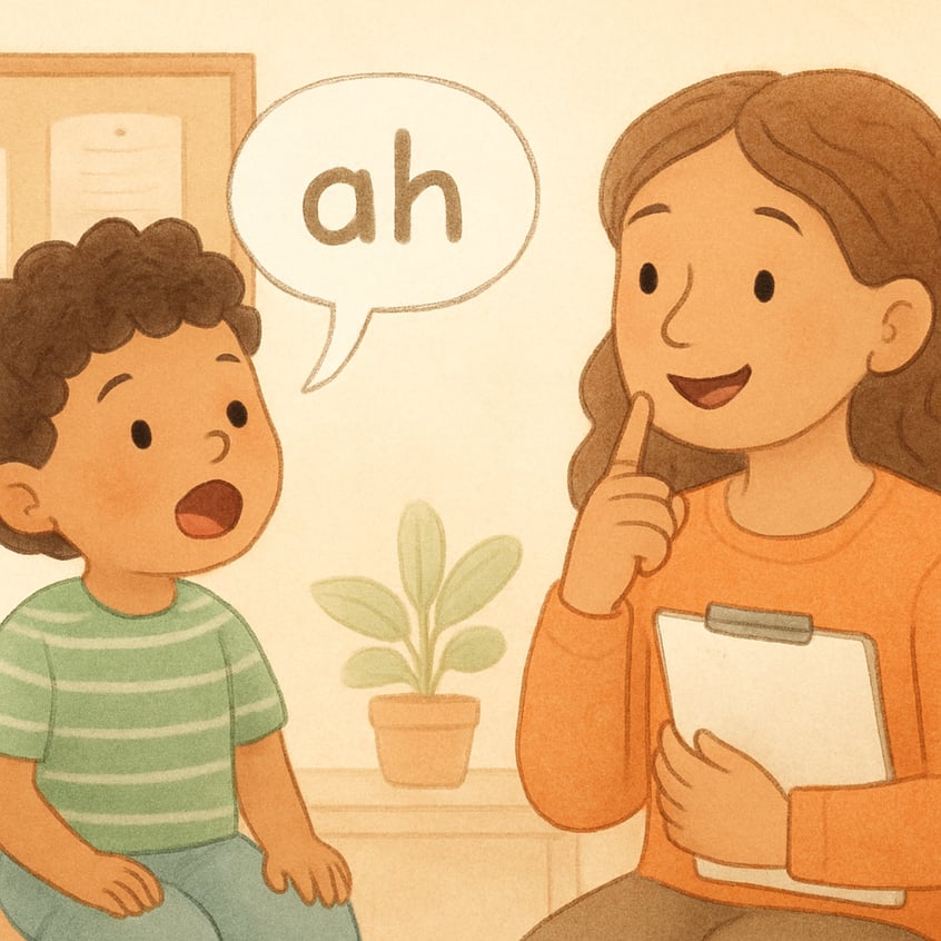 A child pausing while speaking as a patient adult listens without interrupting.