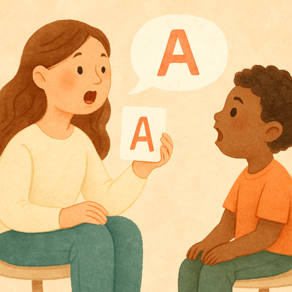 Young child working one-on-one with a speech therapist during a therapy session.