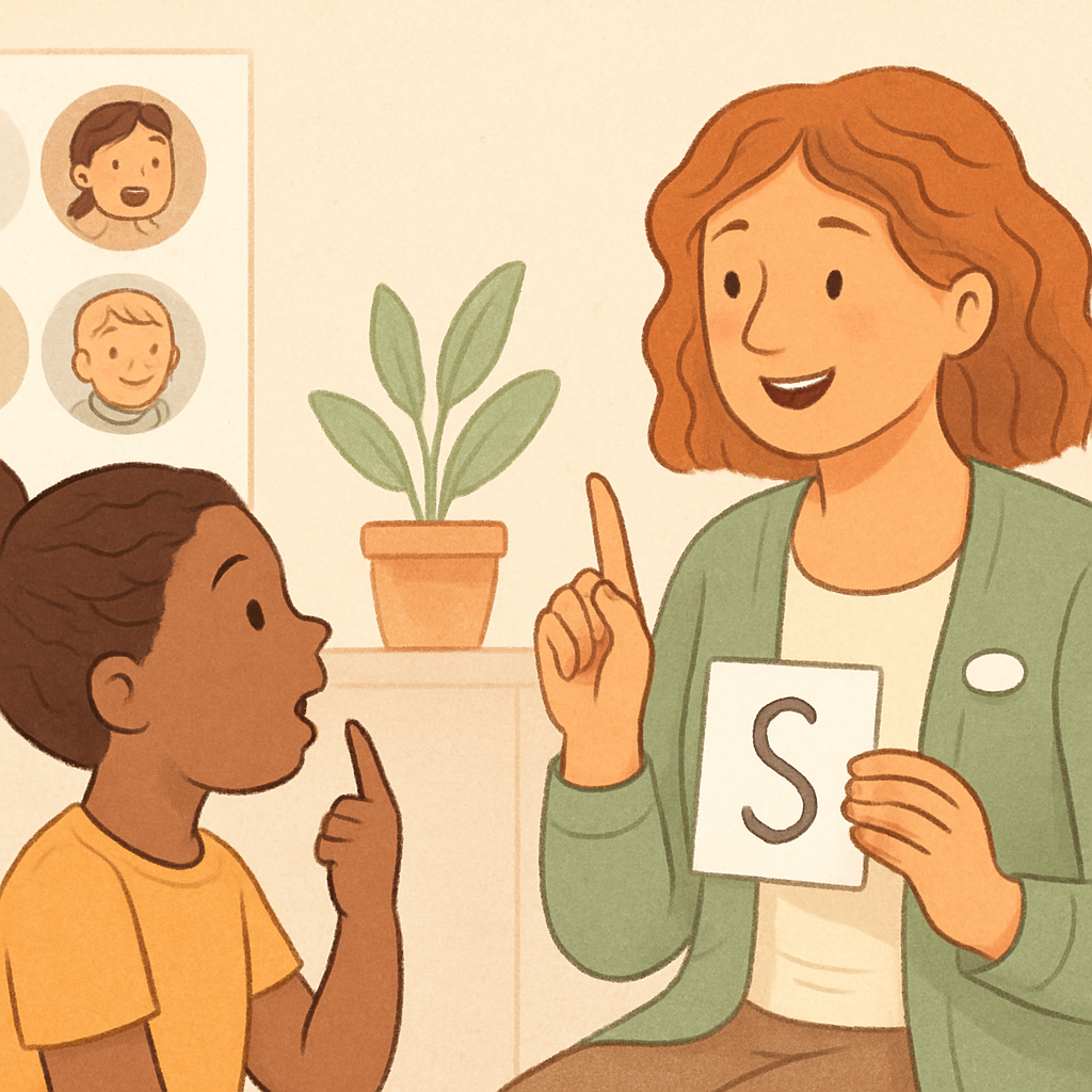 Use of picture cards and tools in a speech therapy room.