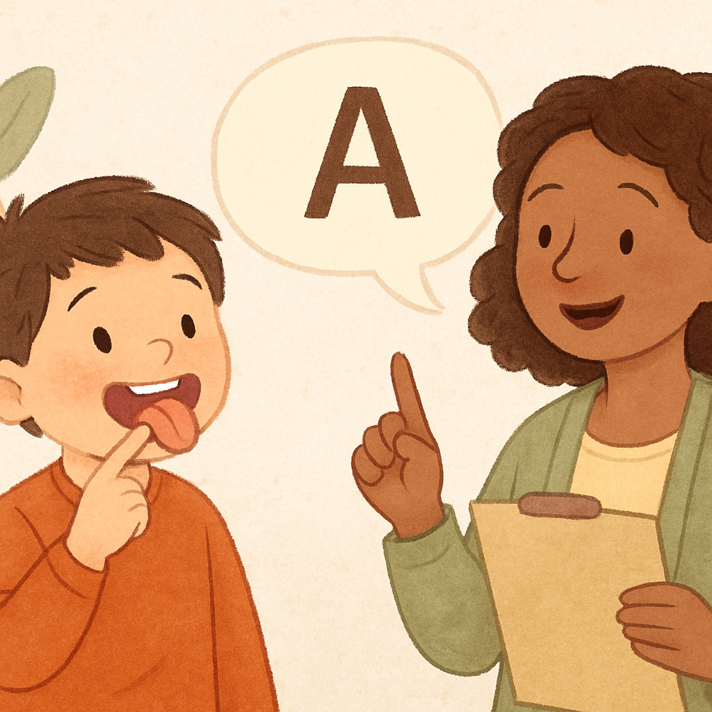 Speech therapist working one-on-one with a young child using picture cards during a language exercise.