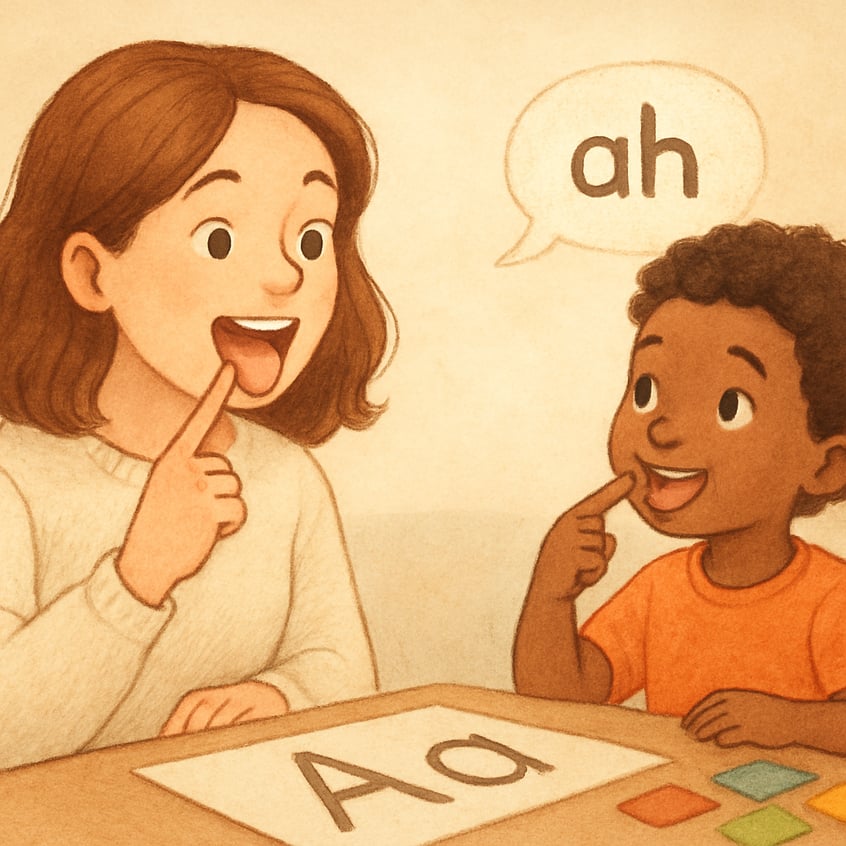 Speech therapist modeling mouth movements to help a child with articulation.