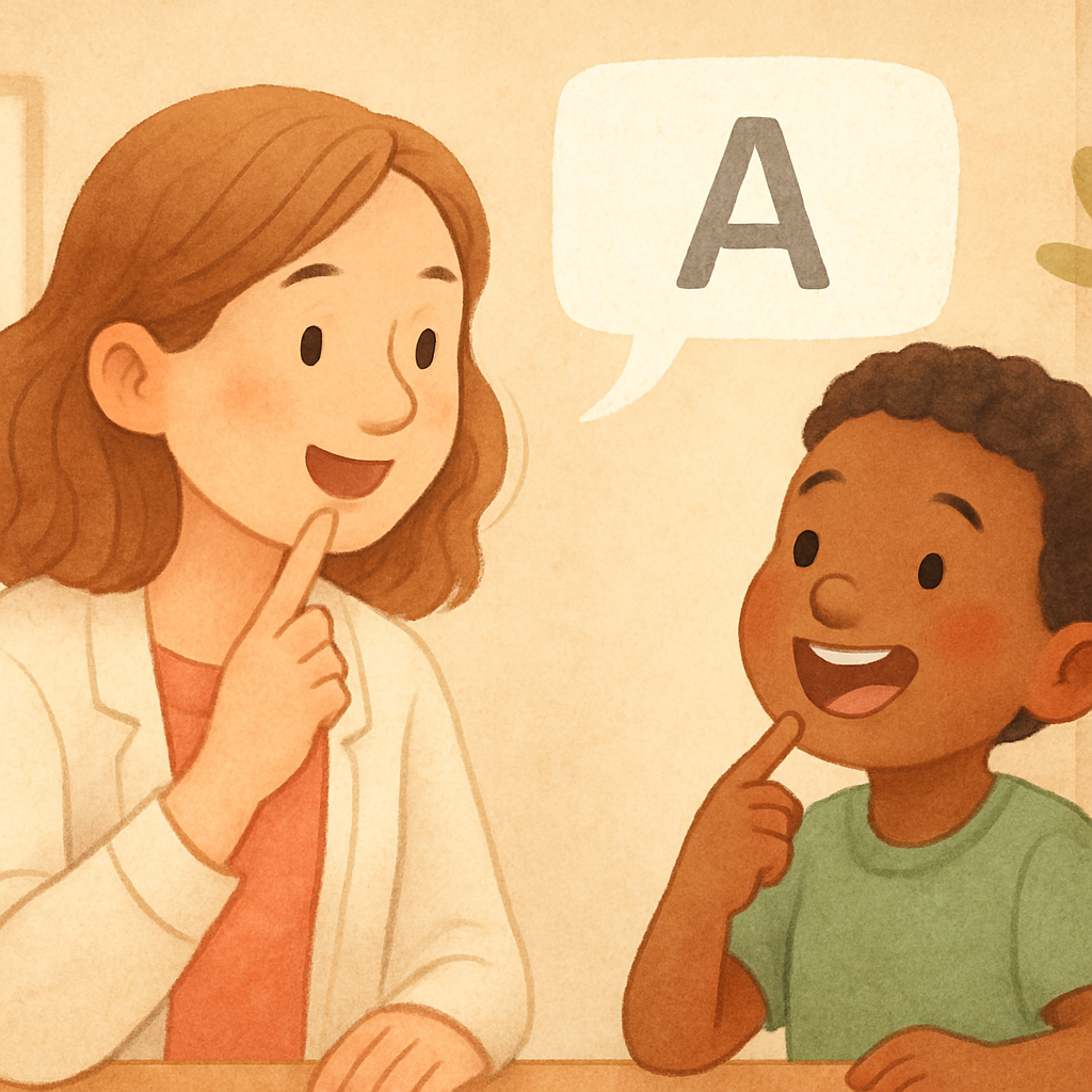 Child sitting at a table with a speech therapist, playing a game to build language skills.