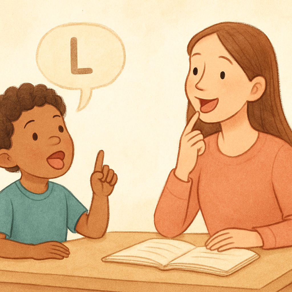 Speech therapist using a tablet app to support speech and language practice.