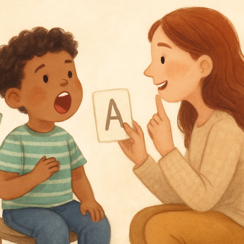 A speech therapy session focused on practicing sounds and word formation.